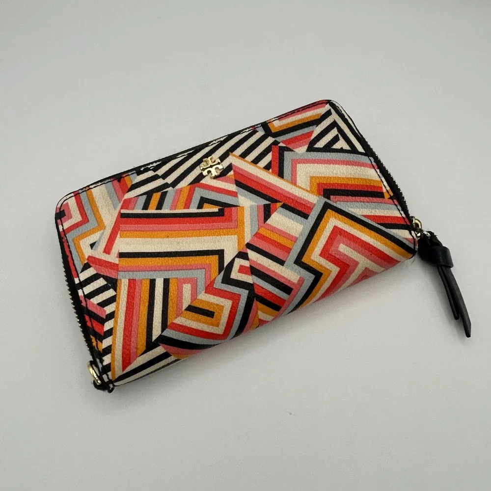 Tory Burch Geometric Chevron Zip Around Wallet Wristlet Orange Pink Black Gold